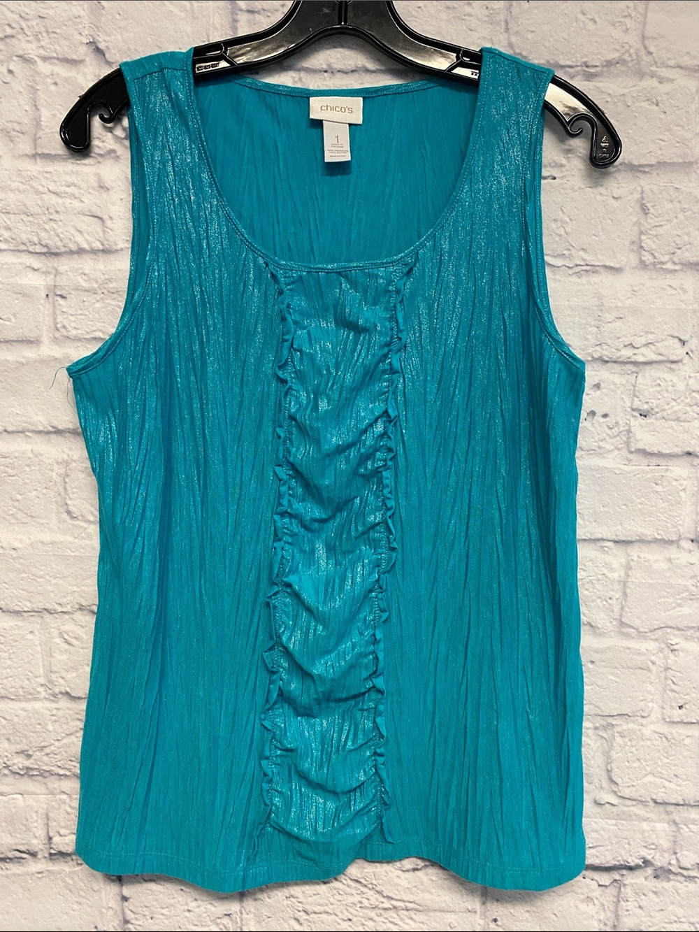 Chico's Shiny Turquoise Ruffle-Front Tank Size Medium